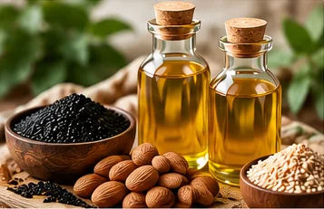 Cold pressed apricot kernel and black seed oils in glass bottles